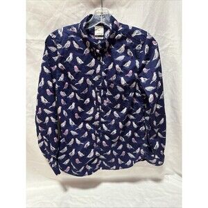 Womens Gap Shirt Blouse Small Bird Navy Blue Pink Long Sleeve Sateen Cotton